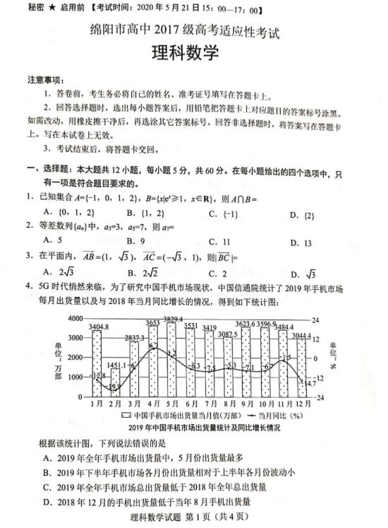 四川绵阳市高三四诊理数参考答案分享，考生参考